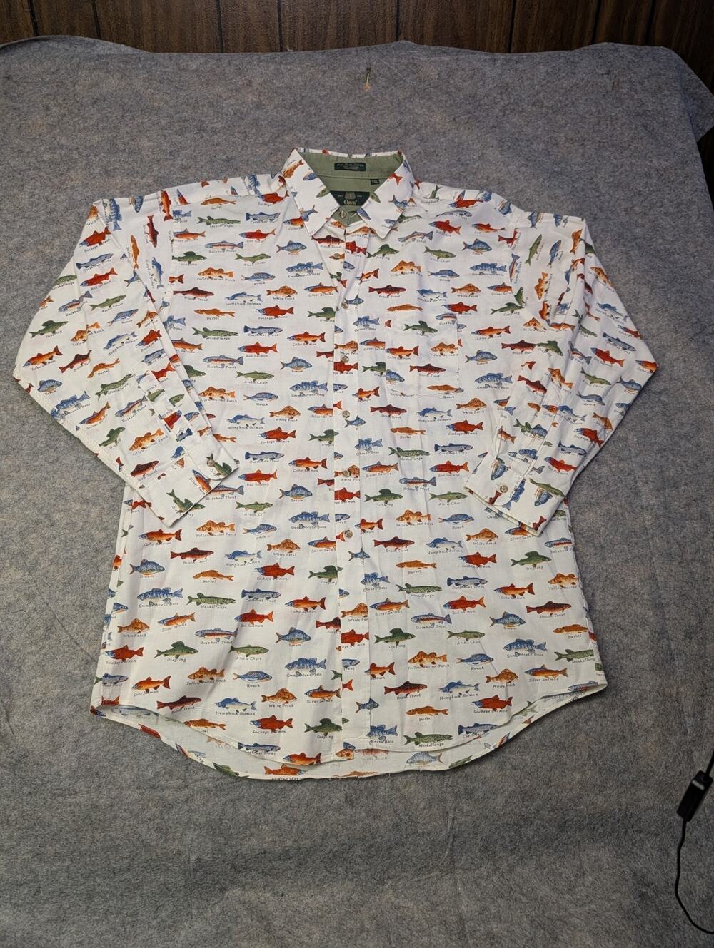 VTG 90s Orvis XXL Freshwater Game Fish AOP Shirt USA Trout Bass Single Needle